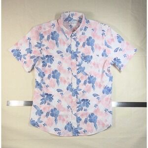 Vintage Summer Men's M Pink Blue‎ Floral Hawaiian SS Button-Down Stretch